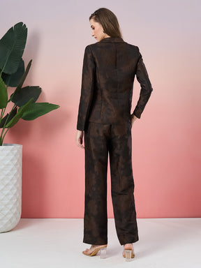 Latin Quarters Women's Brown Self Design Full Sleeve Collar Neck Party Co-Ord Set