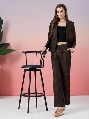 Latin Quarters Women's Brown Self Design Full Sleeve Collar Neck Party Co-Ord Set