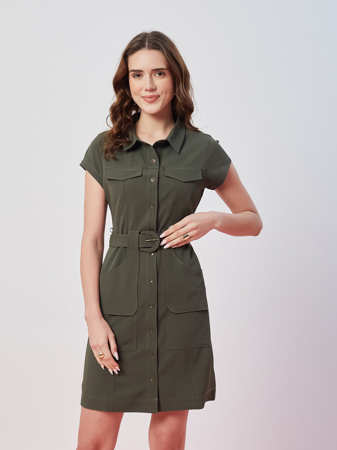 Latin Quarters Women's Green Solid Cap Sleeves Collar Neck Casual Shirt Dress
