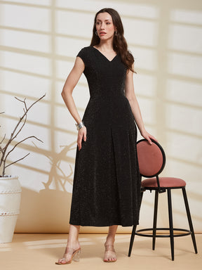 Latin Quarters Women's Black Shimmer V-Neck Cap Sleeve Party Fit & Flare Dress