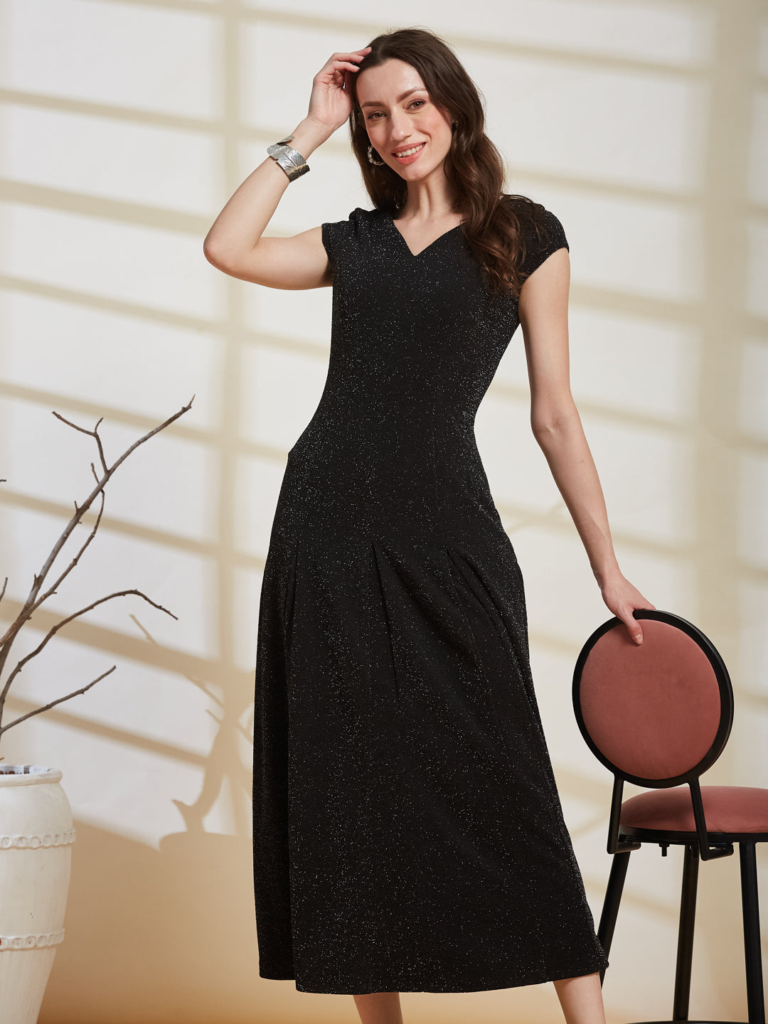 Latin Quarters Women's Black Shimmer V-Neck Cap Sleeve Party Fit & Flare Dress