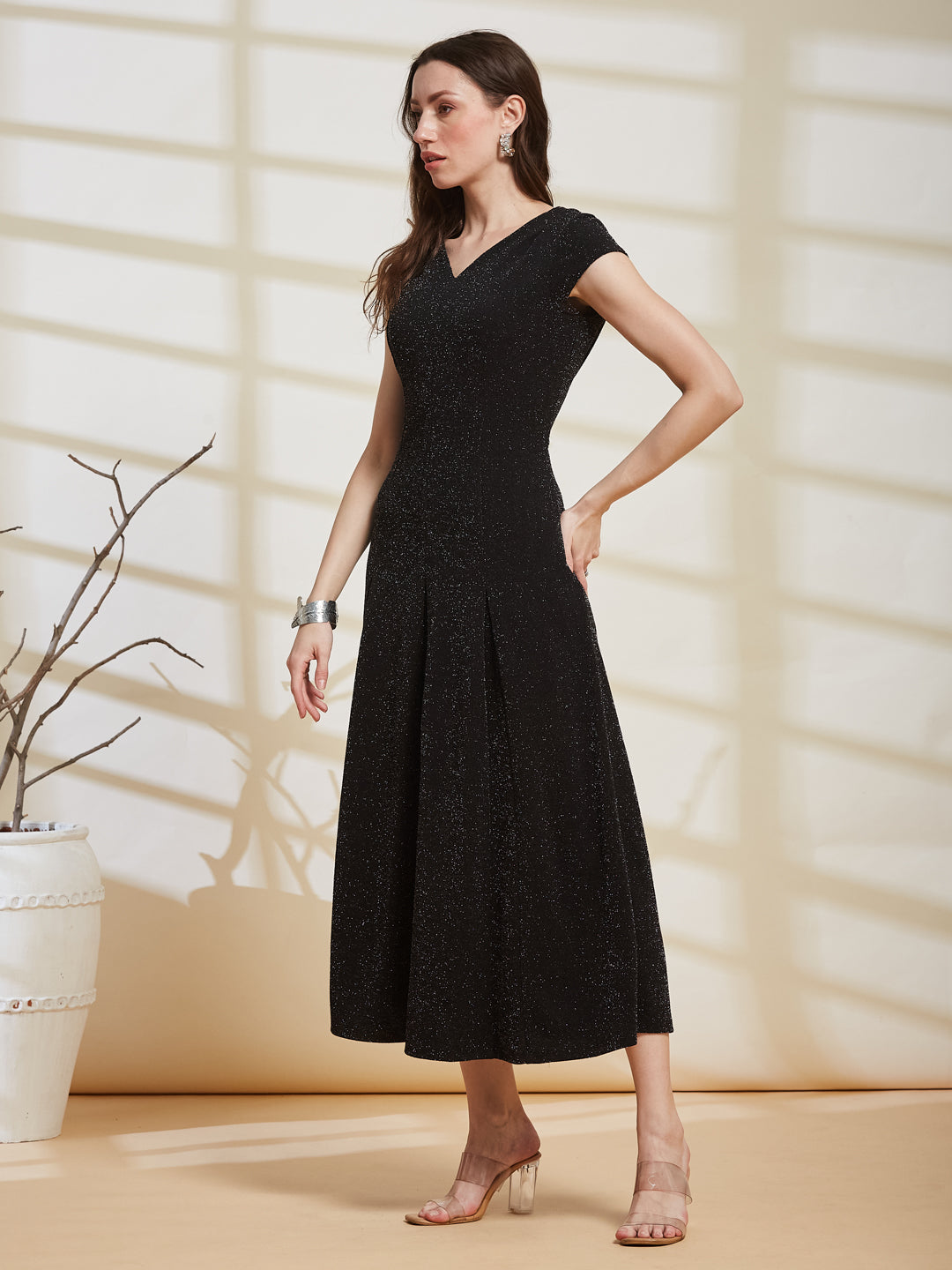 Latin Quarters Women's Black Shimmer V-Neck Cap Sleeve Party Fit & Flare Dress