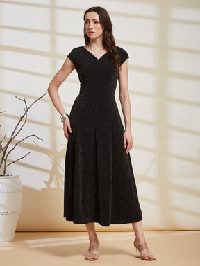 Latin Quarters Women's Black Shimmer V-Neck Cap Sleeve Party Fit & Flare Dress