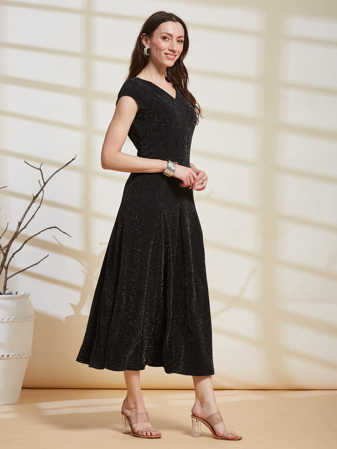 Latin Quarters Women's Black Shimmer V-Neck Cap Sleeve Party Fit & Flare Dress