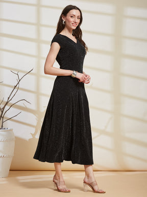 Latin Quarters Women's Black Shimmer V-Neck Cap Sleeve Party Fit & Flare Dress