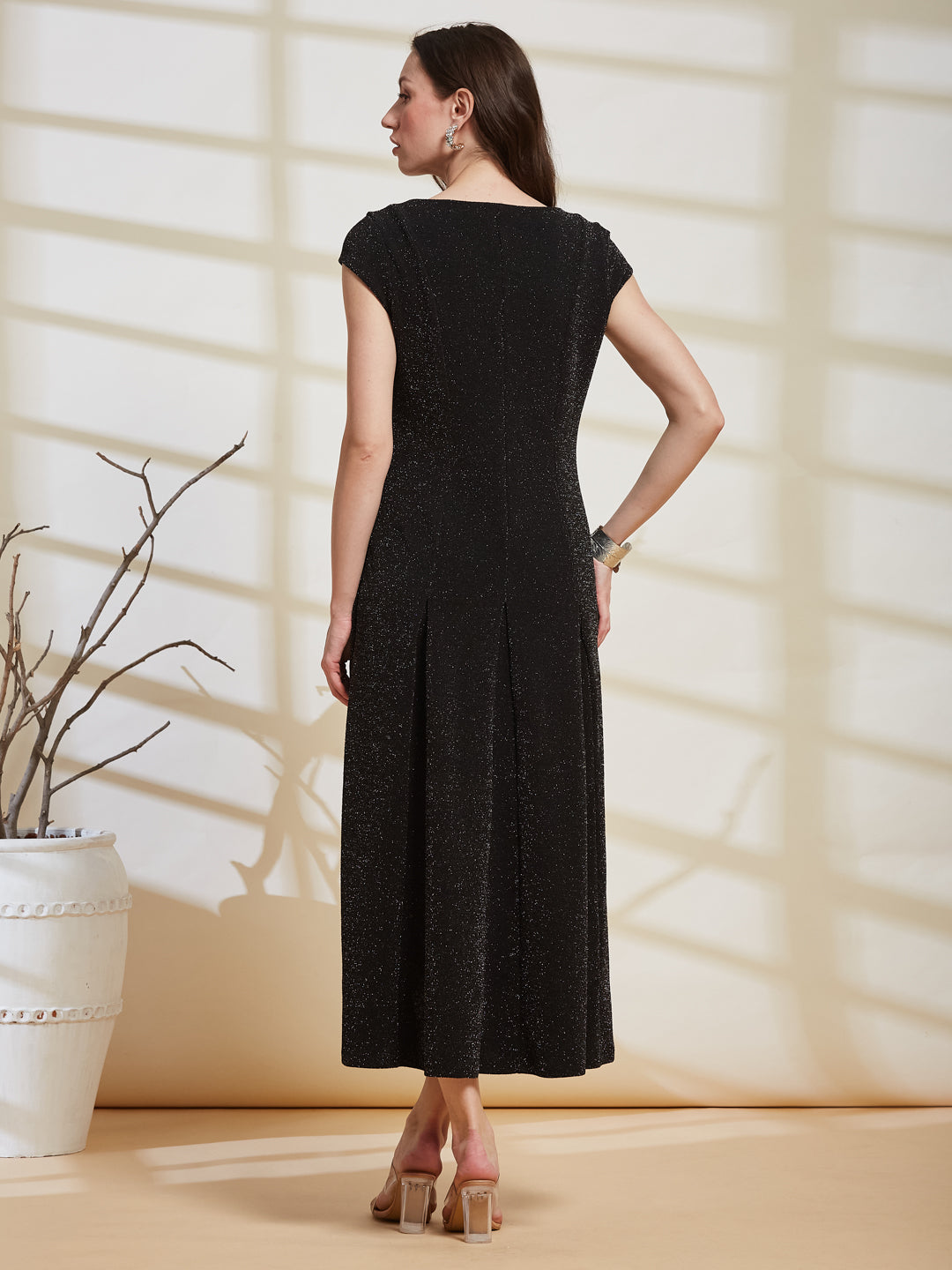 Latin Quarters Women's Black Shimmer V-Neck Cap Sleeve Party Fit & Flare Dress