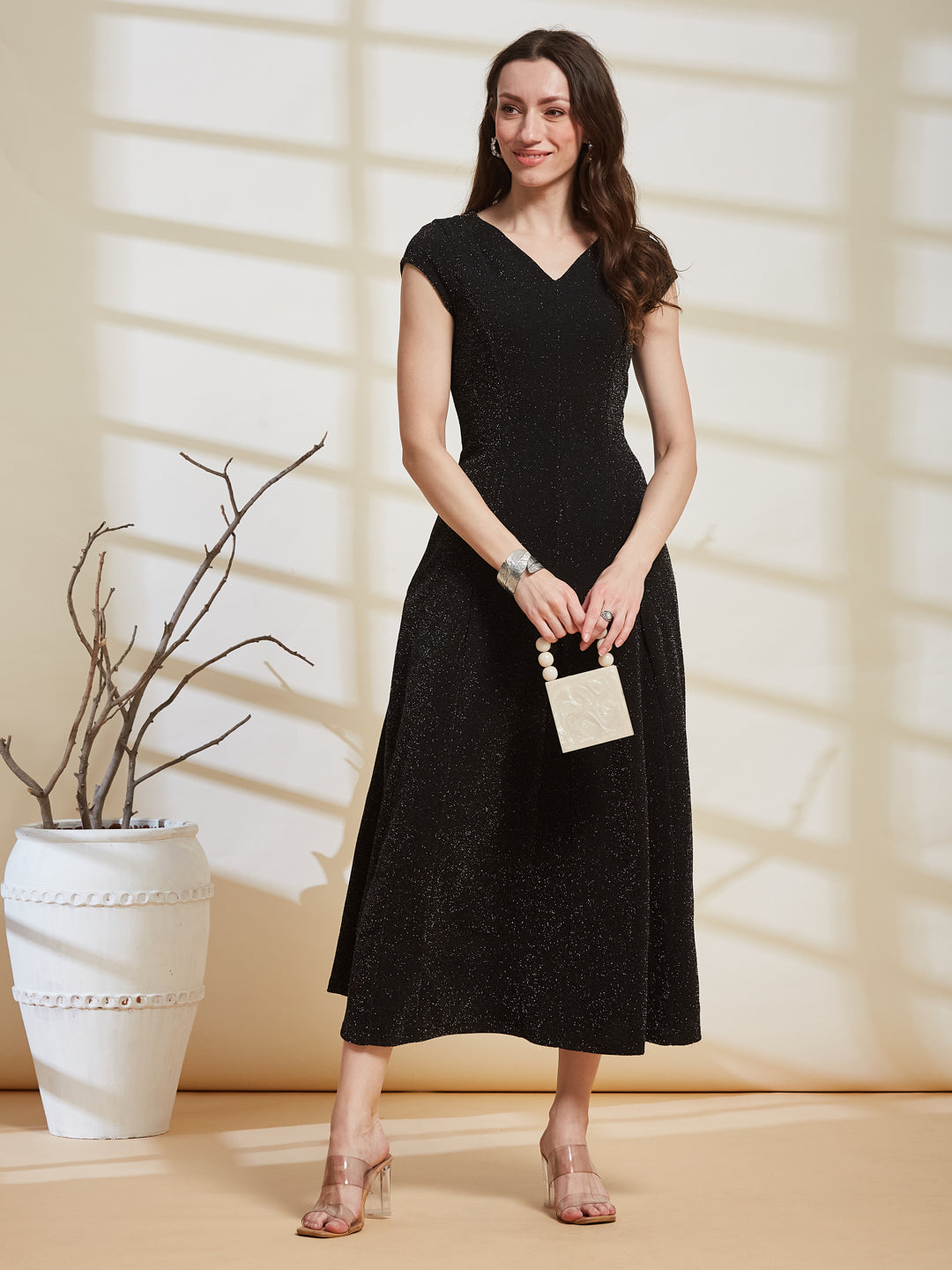 Latin Quarters Women's Black Shimmer V-Neck Cap Sleeve Party Fit & Flare Dress