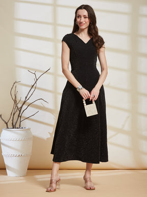 Latin Quarters Women's Black Shimmer V-Neck Cap Sleeve Party Fit & Flare Dress