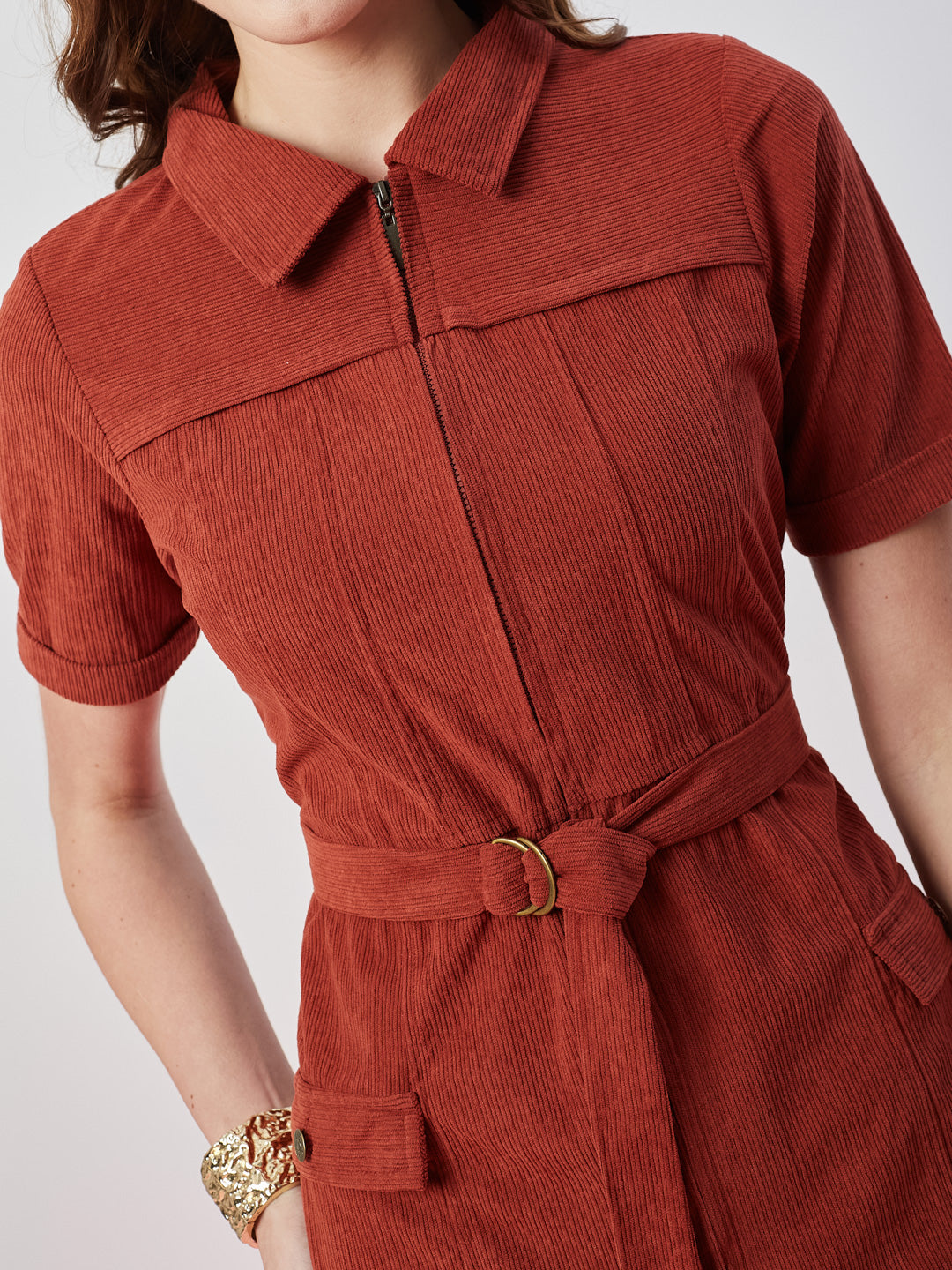 Latin Quarters Women's Rust Solid Half Sleeves Collar Neck Casual Shirt Dress