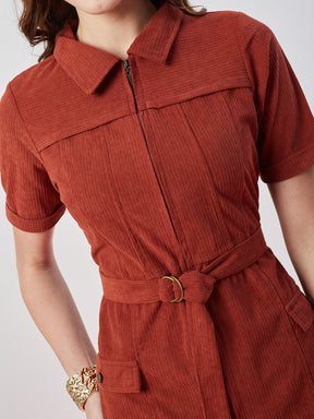 Latin Quarters Women's Rust Solid Half Sleeves Collar Neck Casual Shirt Dress