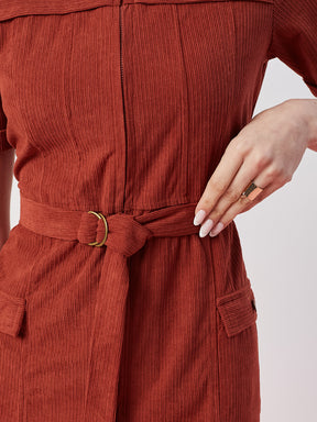 Latin Quarters Women's Rust Solid Half Sleeves Collar Neck Casual Shirt Dress