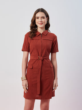 Latin Quarters Women's Rust Solid Half Sleeves Collar Neck Casual Shirt Dress