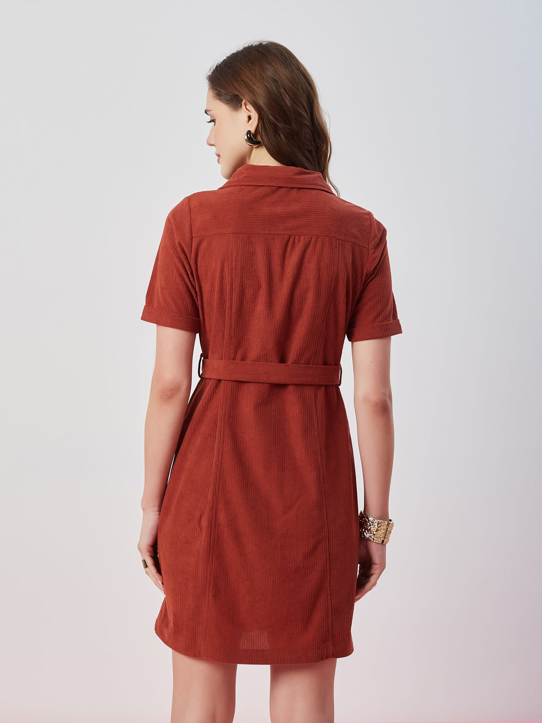 Latin Quarters Women's Rust Solid Half Sleeves Collar Neck Casual Shirt Dress