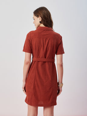 Latin Quarters Women's Rust Solid Half Sleeves Collar Neck Casual Shirt Dress