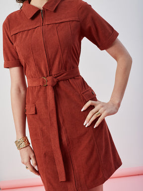 Latin Quarters Women's Rust Solid Half Sleeves Collar Neck Casual Shirt Dress