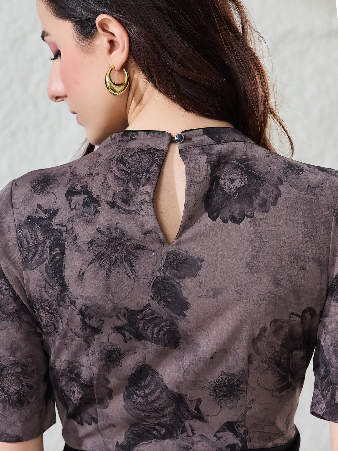 Latin Quarters Women's Black Printed Half Sleeves Mandarin Collar Casual Bodycon Dress