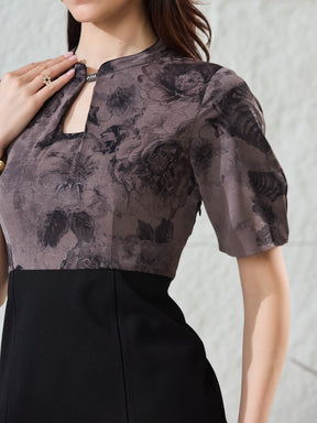Latin Quarters Women's Black Printed Half Sleeves Mandarin Collar Casual Bodycon Dress