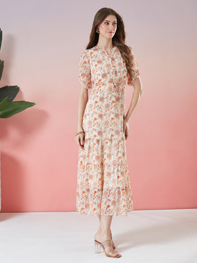 Latin Quarters Women's Orange Printed Half Sleeve Mandarin Neck Casual A-Line Dress