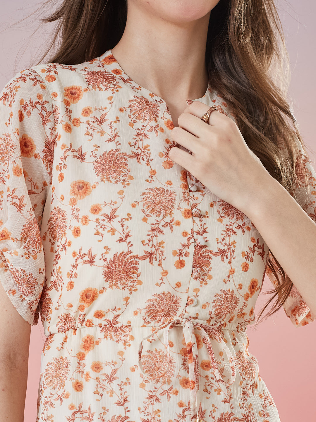 Latin Quarters Women's Orange Printed Half Sleeve Mandarin Neck Casual A-Line Dress