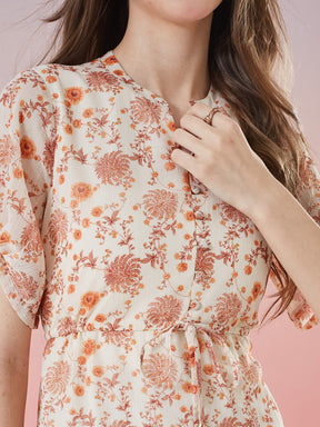 Latin Quarters Women's Orange Printed Half Sleeve Mandarin Neck Casual A-Line Dress