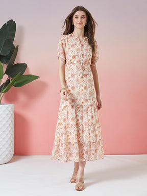Latin Quarters Women's Orange Printed Half Sleeve Mandarin Neck Casual A-Line Dress
