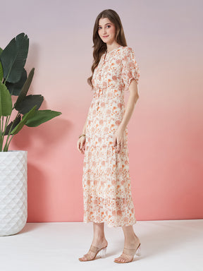Latin Quarters Women's Orange Printed Half Sleeve Mandarin Neck Casual A-Line Dress