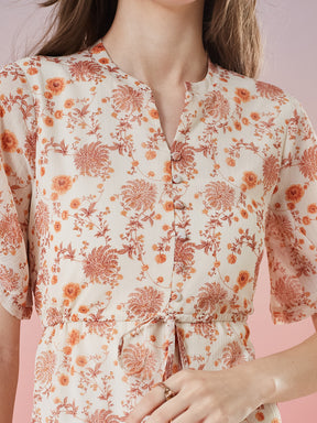 Latin Quarters Women's Orange Printed Half Sleeve Mandarin Neck Casual A-Line Dress