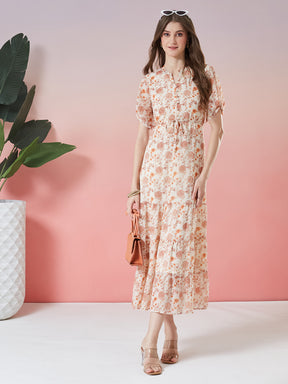 Latin Quarters Women's Orange Printed Half Sleeve Mandarin Neck Casual A-Line Dress