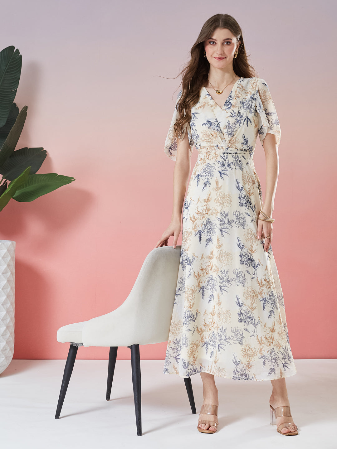 Latin Quarters Women's Beige Printed Half Sleeve V-Neck Casual Fit & Flare Dress