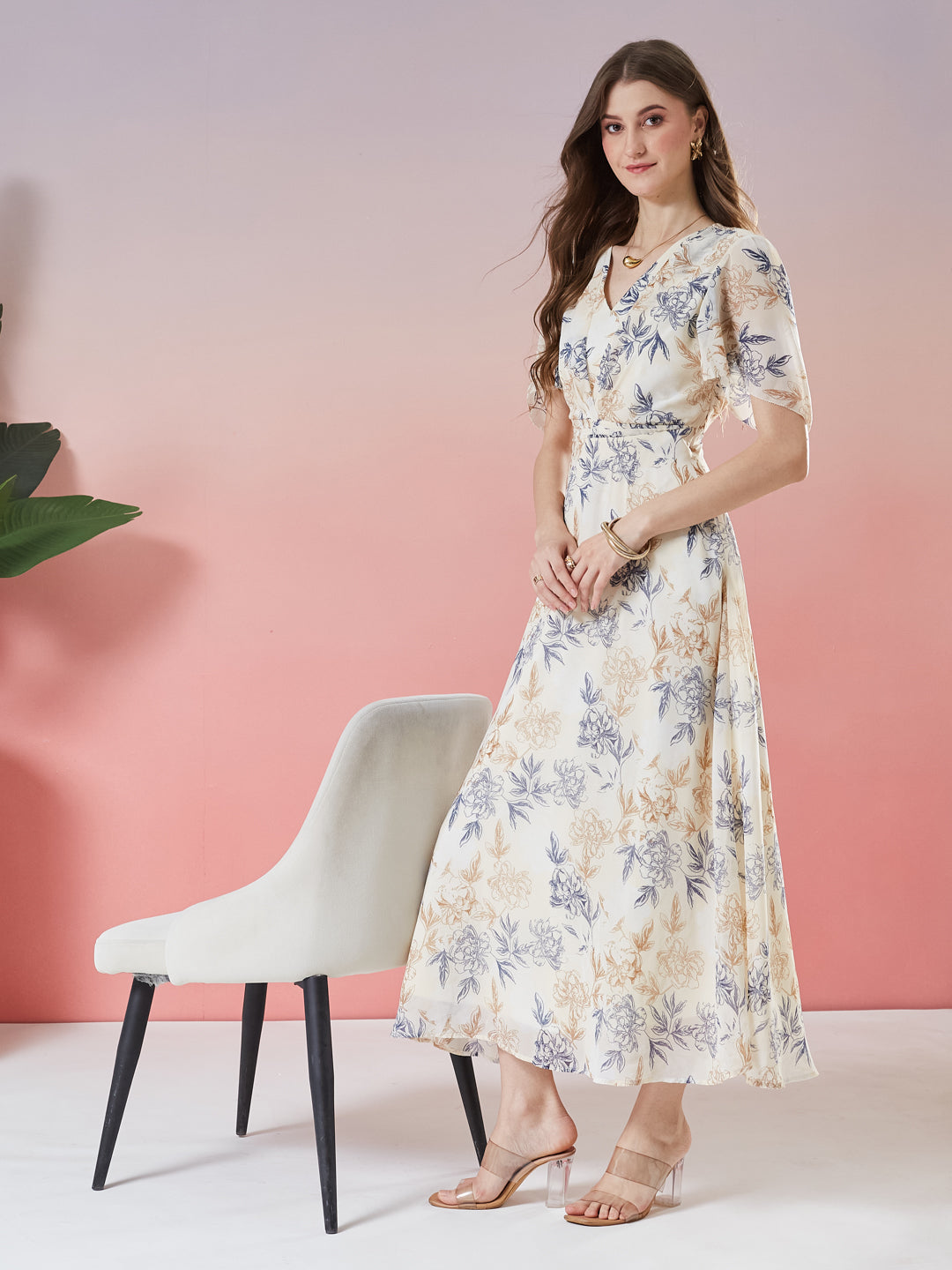 Latin Quarters Women's Beige Printed Half Sleeve V-Neck Casual Fit & Flare Dress