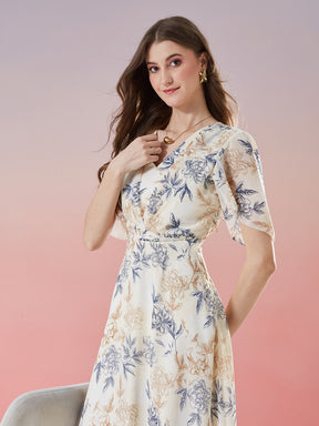 Latin Quarters Women's Beige Printed Half Sleeve V-Neck Casual Fit & Flare Dress