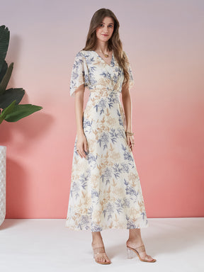 Latin Quarters Women's Beige Printed Half Sleeve V-Neck Casual Fit & Flare Dress