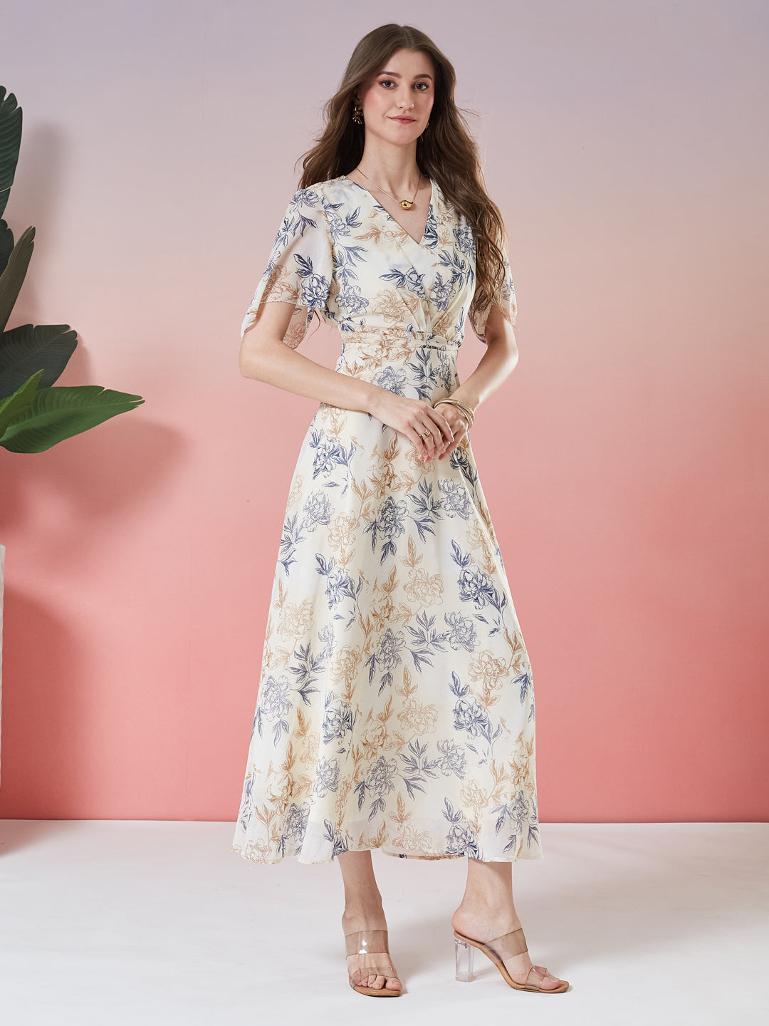 Latin Quarters Women's Beige Printed Half Sleeve V-Neck Casual Fit & Flare Dress