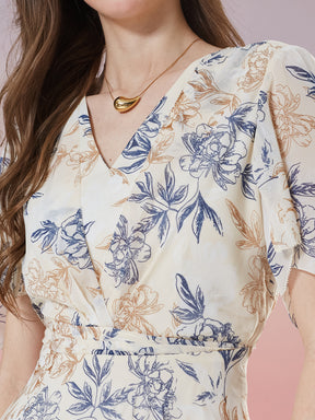 Latin Quarters Women's Beige Printed Half Sleeve V-Neck Casual Fit & Flare Dress