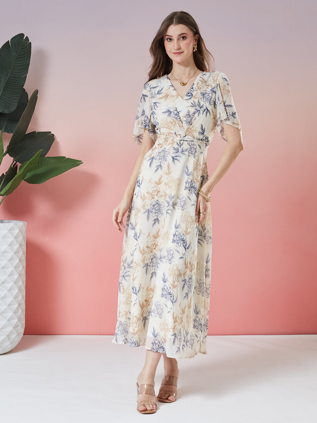 Latin Quarters Women's Beige Printed Half Sleeve V-Neck Casual Fit & Flare Dress