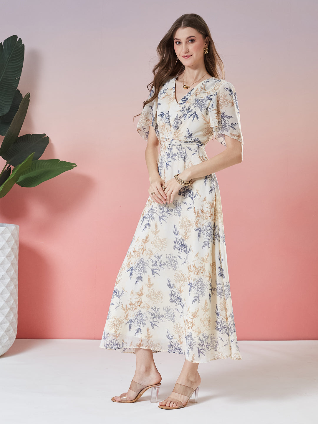 Latin Quarters Women's Beige Printed Half Sleeve V-Neck Casual Fit & Flare Dress