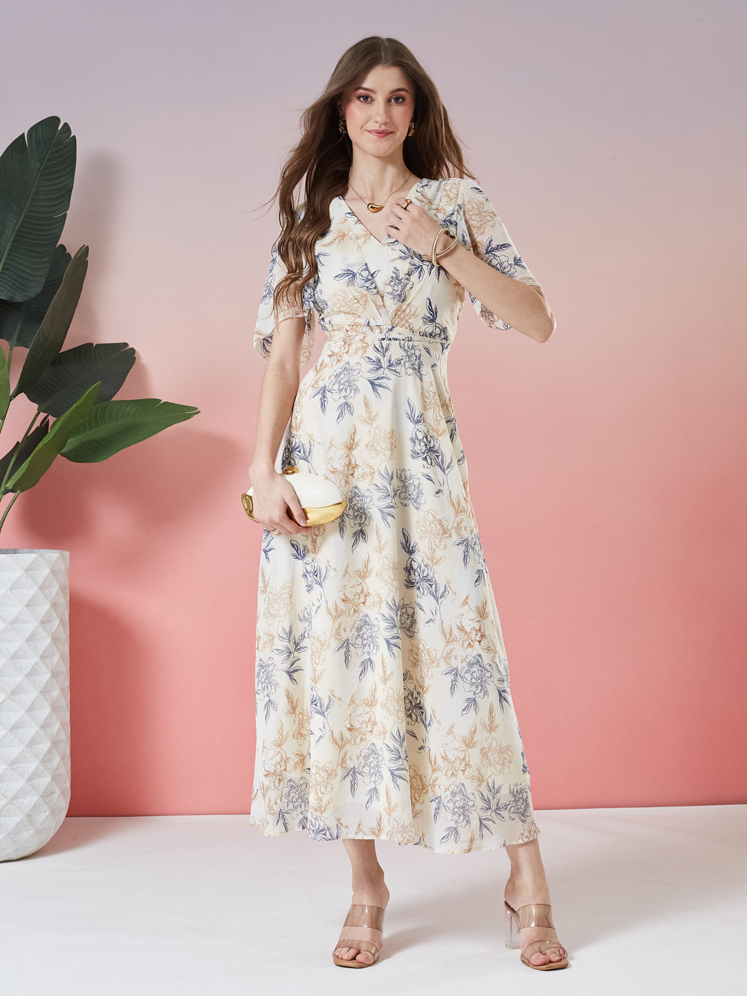 Latin Quarters Women's Beige Printed Half Sleeve V-Neck Casual Fit & Flare Dress