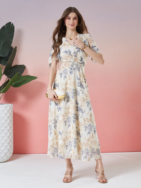 Latin Quarters Women's Beige Printed Half Sleeve V-Neck Casual Fit & Flare Dress