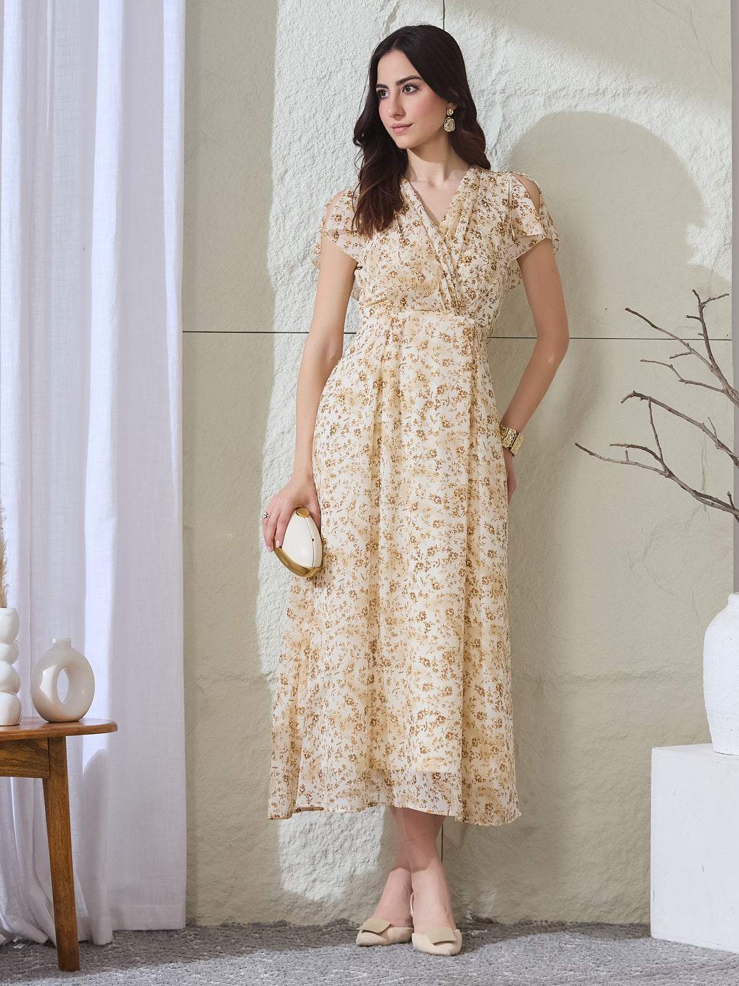 Latin Quarters Women's Beige Printed Short Sleeves V-Neck Casual Fit & Flared Dress
