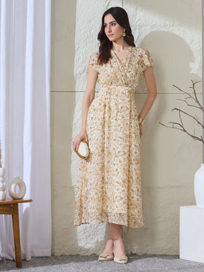 Latin Quarters Women's Beige Printed Short Sleeves V-Neck Casual Fit & Flared Dress