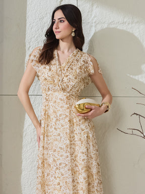 Latin Quarters Women's Beige Printed Short Sleeves V-Neck Casual Fit & Flared Dress