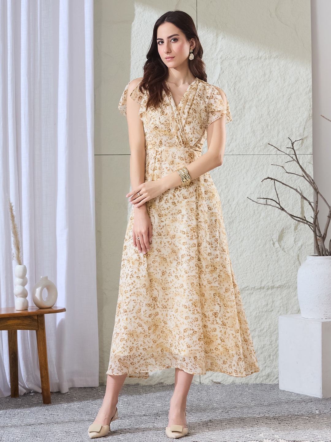 Latin Quarters Women's Beige Printed Short Sleeves V-Neck Casual Fit & Flared Dress