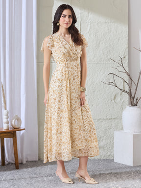 Latin Quarters Women's Beige Printed Short Sleeves V-Neck Casual Fit & Flared Dress