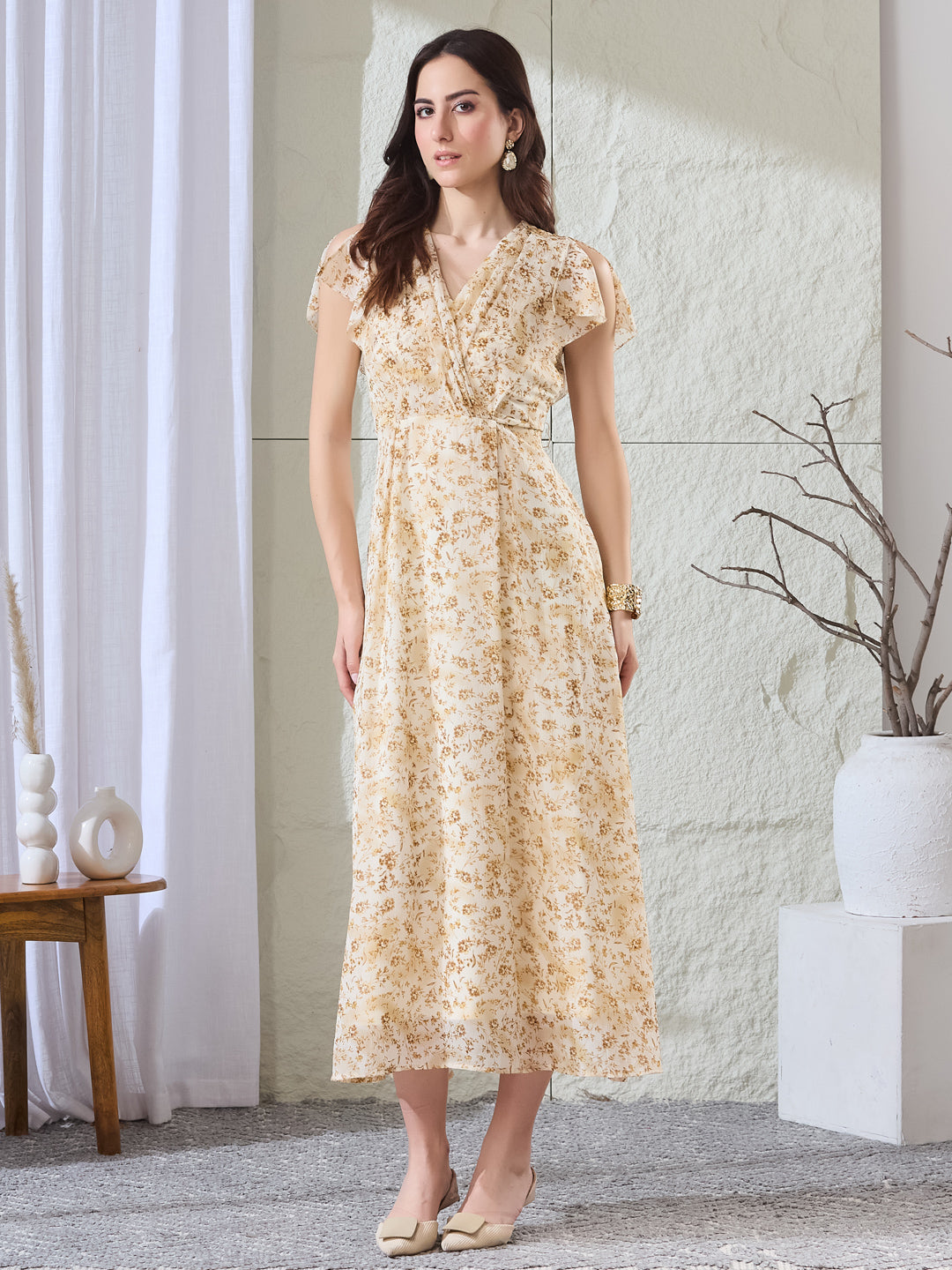 Latin Quarters Women's Beige Printed Short Sleeves V-Neck Casual Fit & Flared Dress