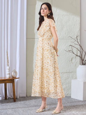 Latin Quarters Women's Beige Printed Short Sleeves V-Neck Casual Fit & Flared Dress