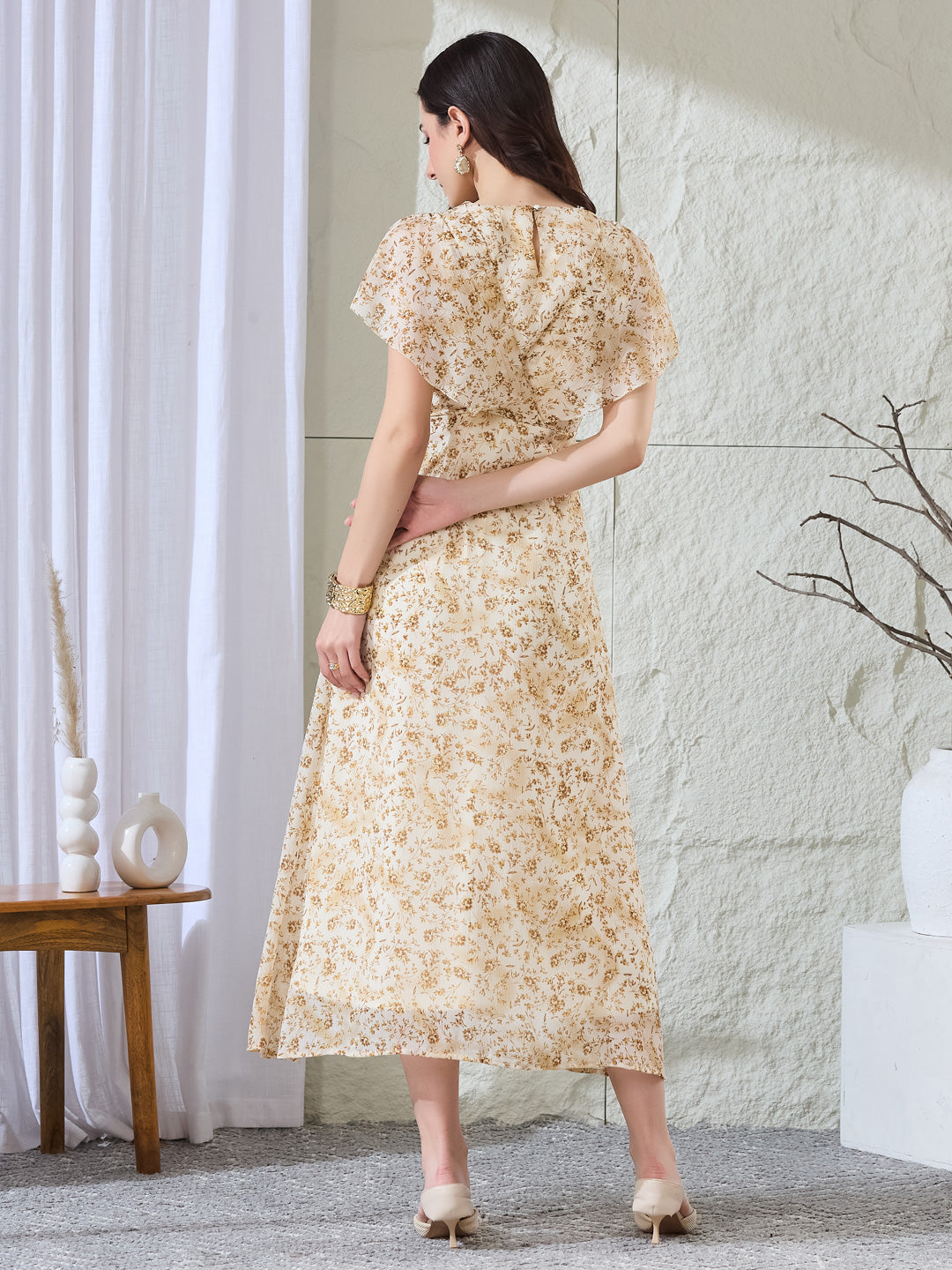 Latin Quarters Women's Beige Printed Short Sleeves V-Neck Casual Fit & Flared Dress