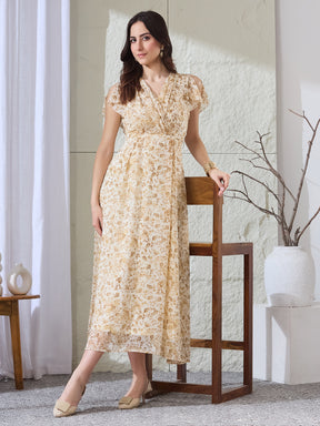 Latin Quarters Women's Beige Printed Short Sleeves V-Neck Casual Fit & Flared Dress