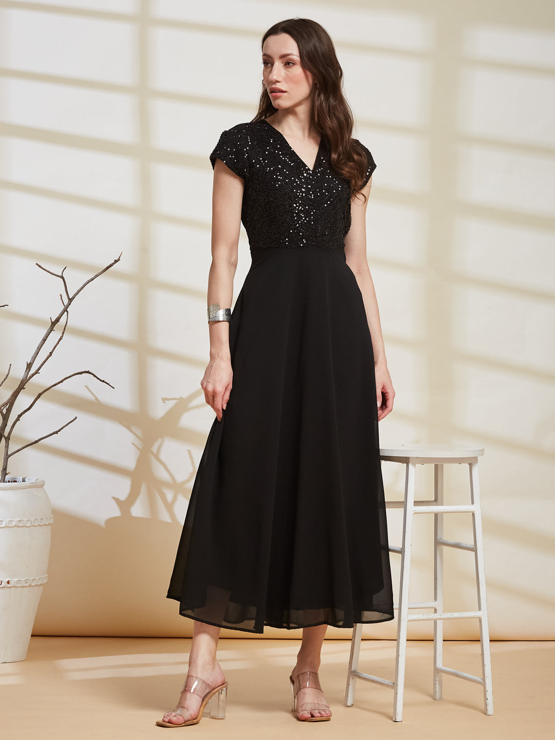 Latin Quarters Women's Black Embellished V-Neck Cap Sleeve Party Fit & Flare Dress