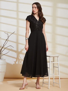 Latin Quarters Women's Black Embellished V-Neck Cap Sleeve Party Fit & Flare Dress