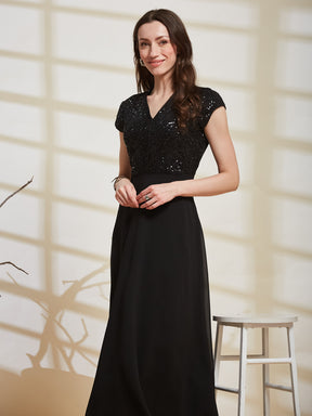 Latin Quarters Women's Black Embellished V-Neck Cap Sleeve Party Fit & Flare Dress